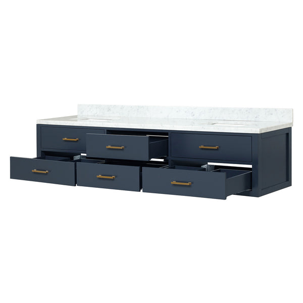 English Elm Blue Double Bath Vanity 84" W With Carrara Marble Top, Soft-Close Drawers & Elegant Design B2731P258146