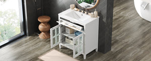 English Elm Christopher Knight Home® - 30" Bathroom Vanity with Ceramic Sink, Solid Wood Legs, Adjustable Shelf, Tip-Out Tray, Soft-Close Hinges, Silver Knobs, Moisture-Resistant Finish White N817P286250W