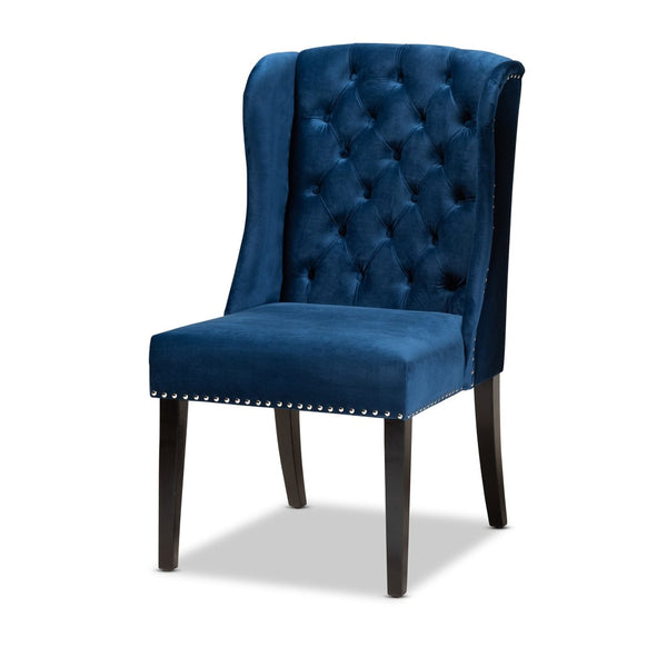 Baxton Studio Baxton Studio Lamont Navy Velvet Wingback Dining Chair with Button Tufting & Silver Accents WS-W158-Navy Blue Velvet/Espresso-DC