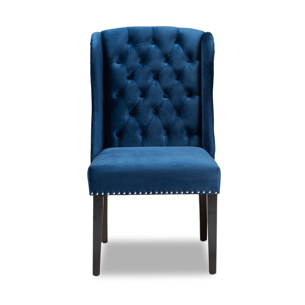 Baxton Studio Baxton Studio Lamont Navy Velvet Wingback Dining Chair with Button Tufting & Silver Accents WS-W158-Navy Blue Velvet/Espresso-DC
