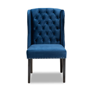 Baxton Studio Baxton Studio Lamont Navy Velvet Wingback Dining Chair with Button Tufting & Silver Accents WS-W158-Navy Blue Velvet/Espresso-DC