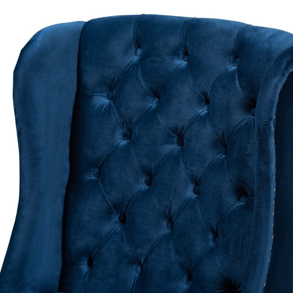 Baxton Studio Baxton Studio Lamont Navy Velvet Wingback Dining Chair with Button Tufting & Silver Accents WS-W158-Navy Blue Velvet/Espresso-DC