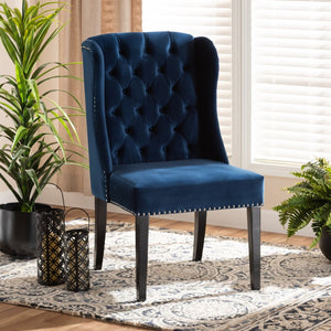 Baxton Studio Baxton Studio Lamont Navy Velvet Wingback Dining Chair with Button Tufting & Silver Accents WS-W158-Navy Blue Velvet/Espresso-DC