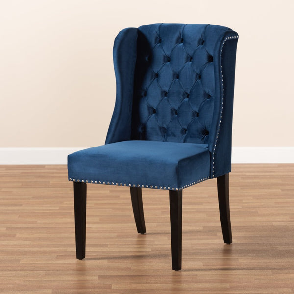 Baxton Studio Baxton Studio Lamont Navy Velvet Wingback Dining Chair with Button Tufting & Silver Accents WS-W158-Navy Blue Velvet/Espresso-DC