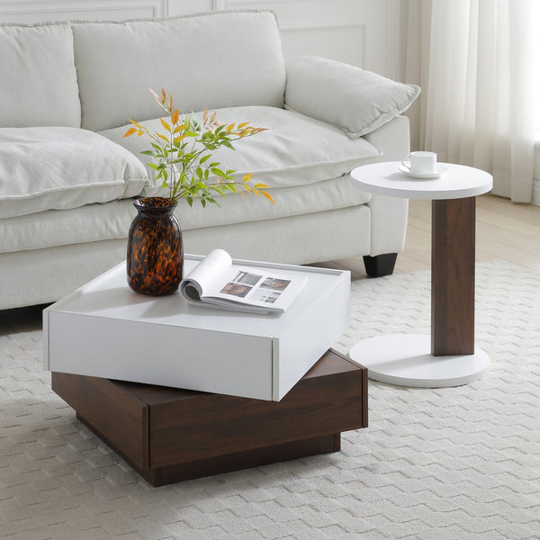 English Elm Rotating Square Coffee Table with Swivel Top, 2 Drawers & Hidden Storage, White Walnut Finish Elegance W1117P235473