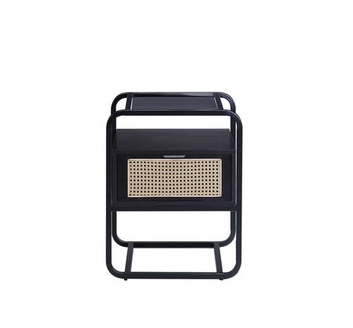 English Elm Colson Tempered Glass Accent Table with Rattan Insert and Metal Frame, Drawer Storage, Modern Design Black 28 L x 23 W x 13 H B2726P287579