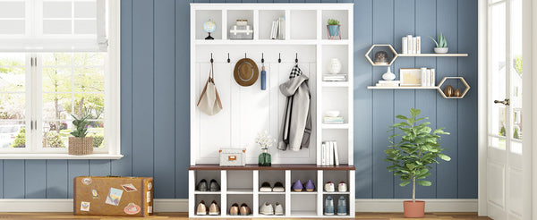English Elm On-Trend Farmhouse Wooden Hall Tree With 6 Hooks, 4-In-1 Storage Bench & Adjustable Shelves, White N721S000044K-GIGA