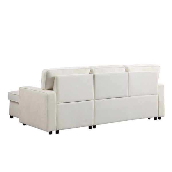 English Elm U_STYLE Chenille Upholstery Sleeper Sectional Sofa with Pull-Out Bed, Chaise Storage & Comfort Beige W1099S00146