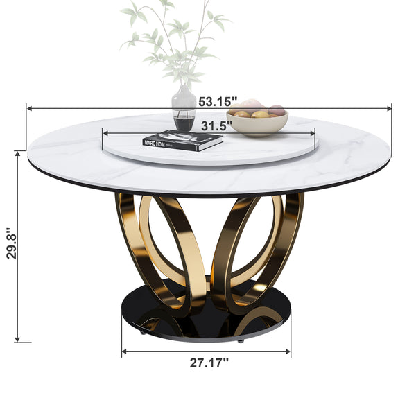 English Elm 53" Round Dining Table With 360° Lazy Susan - Stain & Heat Resistant Sintered Stone For Modern Spaces W2699S00032
