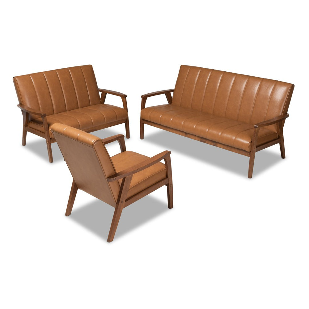 Baxton Studio Baxton Nikko 3-Piece Mid-Century Modern Living Room Set in Tan Faux Leather & Walnut Finish BBT8011A2-Tan 3PC Set