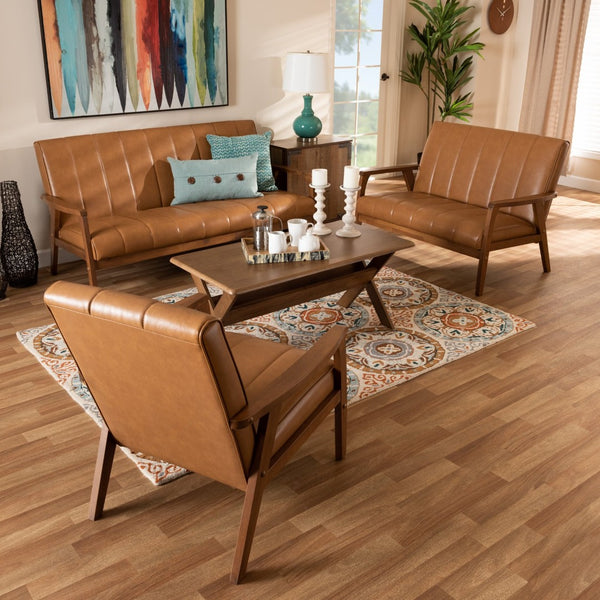 Baxton Studio Baxton Nikko 3-Piece Mid-Century Modern Living Room Set in Tan Faux Leather & Walnut Finish BBT8011A2-Tan 3PC Set