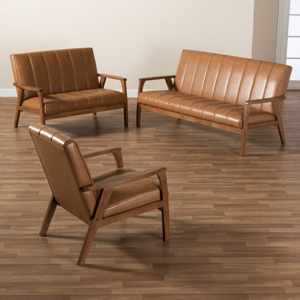 Baxton Studio Baxton Nikko 3-Piece Mid-Century Modern Living Room Set in Tan Faux Leather & Walnut Finish BBT8011A2-Tan 3PC Set