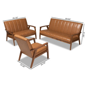 Baxton Studio Baxton Nikko 3-Piece Mid-Century Modern Living Room Set in Tan Faux Leather & Walnut Finish BBT8011A2-Tan 3PC Set