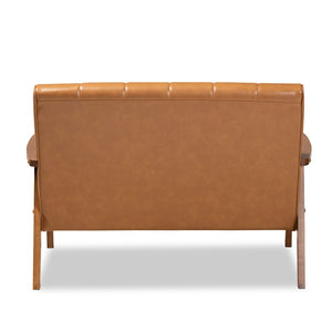 Baxton Studio Baxton Nikko Mid-Century Loveseat - Tan Faux Leather & Walnut Finish, Stylish Comfort for Small Spaces BBT8011A2-Tan Loveseat