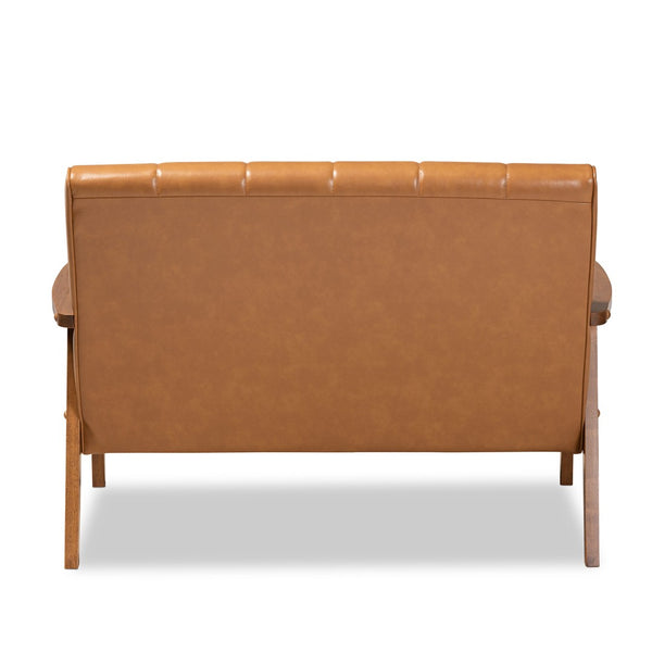Baxton Studio Baxton Nikko Mid-Century Loveseat - Tan Faux Leather & Walnut Finish, Stylish Comfort for Small Spaces BBT8011A2-Tan Loveseat