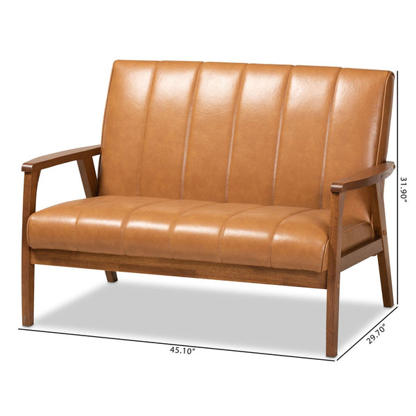 Baxton Studio Baxton Nikko Mid-Century Loveseat - Tan Faux Leather & Walnut Finish, Stylish Comfort for Small Spaces BBT8011A2-Tan Loveseat
