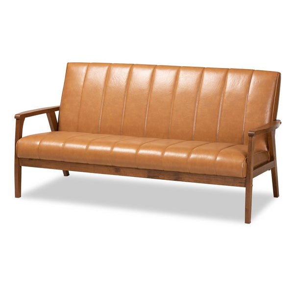 Baxton Studio Baxton Nikko Mid-Century Modern Tan Faux Leather Sofa with Walnut Wood Frame for Stylish Comfort BBT8011A2-Tan Sofa