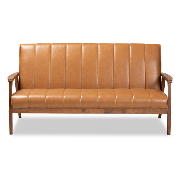 Baxton Studio Baxton Nikko Mid-Century Modern Tan Faux Leather Sofa with Walnut Wood Frame for Stylish Comfort BBT8011A2-Tan Sofa