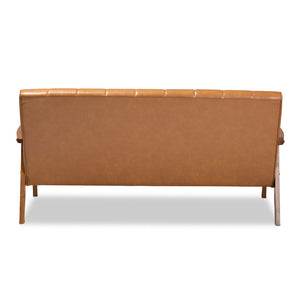 Baxton Studio Baxton Nikko Mid-Century Modern Tan Faux Leather Sofa with Walnut Wood Frame for Stylish Comfort BBT8011A2-Tan Sofa