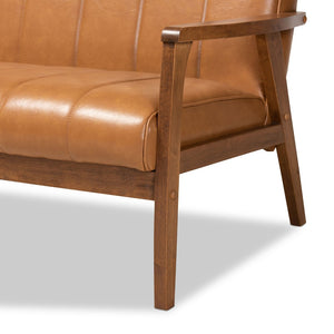 Baxton Studio Baxton Nikko Mid-Century Modern Tan Faux Leather Sofa with Walnut Wood Frame for Stylish Comfort BBT8011A2-Tan Sofa