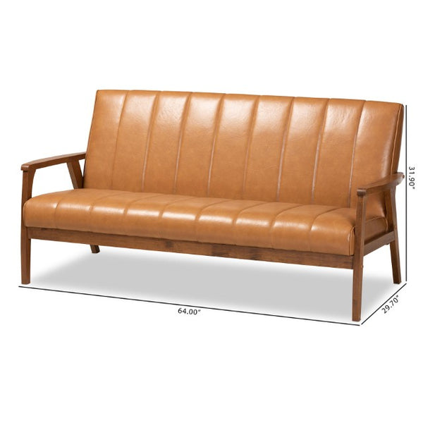 Baxton Studio Baxton Nikko Mid-Century Modern Tan Faux Leather Sofa with Walnut Wood Frame for Stylish Comfort BBT8011A2-Tan Sofa