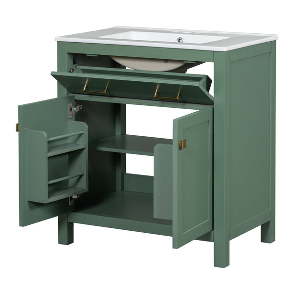 English Elm 30-inch Modern Bathroom Vanity with Ceramic Sink, Gold Accents, Solid Wood Frame, Soft-Close Doors and Ample Storage Green WF324045AAF
