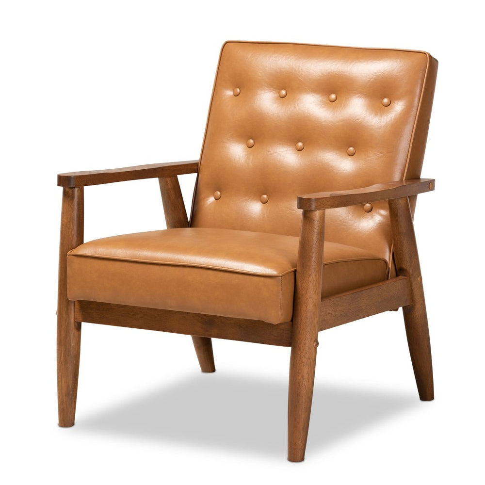 Baxton Studio Baxton Studio Sorrento Mid-Century Modern Tan Faux Leather Lounge Chair with Walnut Wood Frame BBT8013-Tan Chair