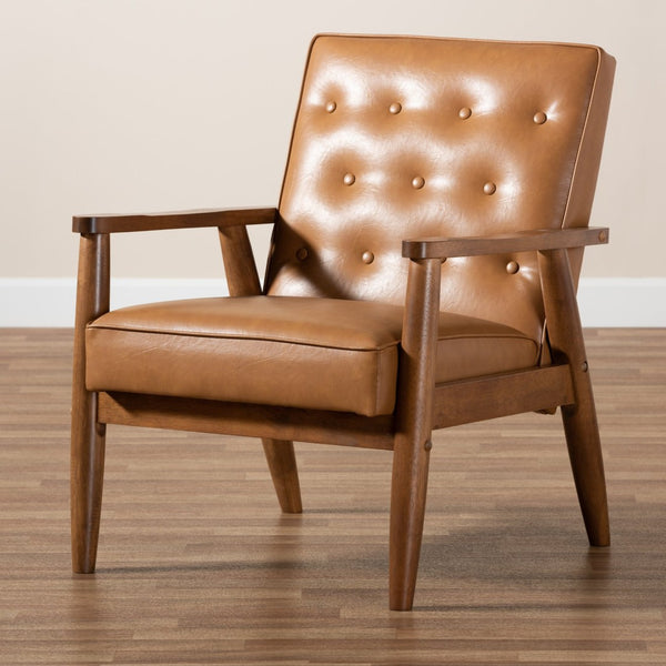 Baxton Studio Baxton Studio Sorrento Mid-Century Modern Tan Faux Leather Lounge Chair with Walnut Wood Frame BBT8013-Tan Chair