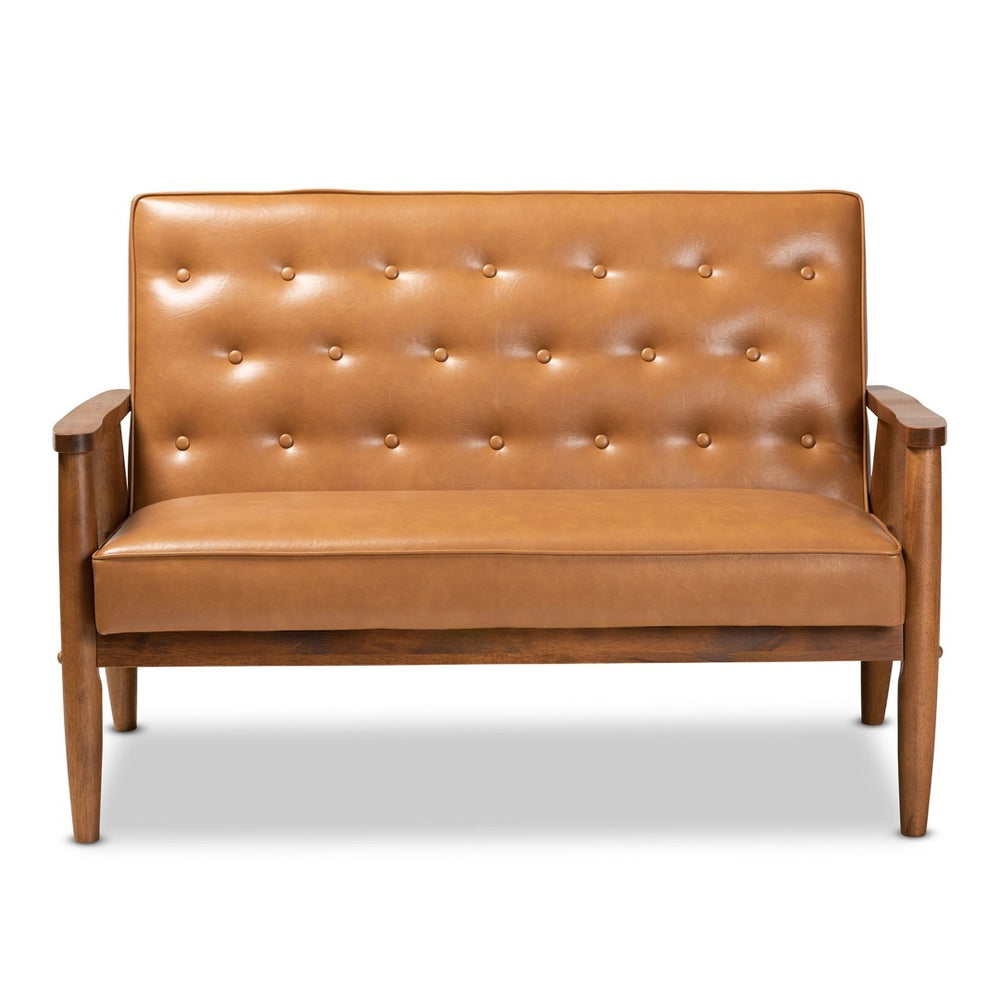 Baxton Studio Baxton Sorrento Mid-Century Loveseat in Tan Faux Leather with Walnut Finish - Stylish Comfort for Any Space BBT8013-Tan Loveseat