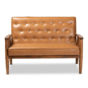 Baxton Studio Baxton Sorrento Mid-Century Loveseat in Tan Faux Leather with Walnut Finish - Stylish Comfort for Any Space BBT8013-Tan Loveseat