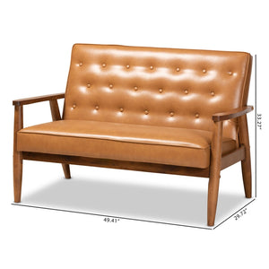 Baxton Studio Baxton Sorrento Mid-Century Loveseat in Tan Faux Leather with Walnut Finish - Stylish Comfort for Any Space BBT8013-Tan Loveseat