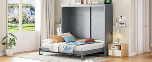 English Elm Full Size Murphy Wall Bed with Rattan Panel Cabinet for Studio and Guest Rooms Gray N708S00011E-2