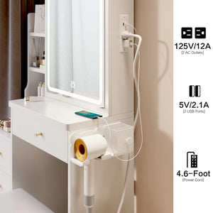 English Elm 29.2" Compact Bedside Vanity Set With Sliding Led Mirror, Power Ports, Cushioned Stool & Hairdryer Holder W936P172481