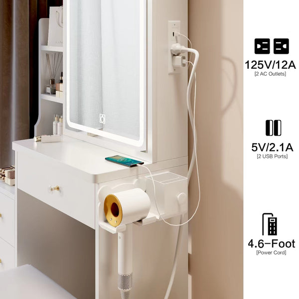 English Elm 29.2" Compact Bedside Vanity Set With Sliding Led Mirror, Power Ports, Cushioned Stool & Hairdryer Holder W936P172481