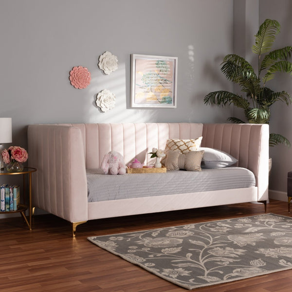 Baxton Studio Baxton Studio Oksana Luxe Velvet Upholstered Daybed with Gold Accents for Modern Glam Living Spaces Pink Twin CF0344-Light Pink Daybed-Twin