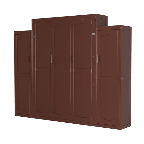 English Elm Queen Murphy Wall Bed Walnut Wooden Frame Dual Wardrobes Foldable Guest Room Storage N733S235627D