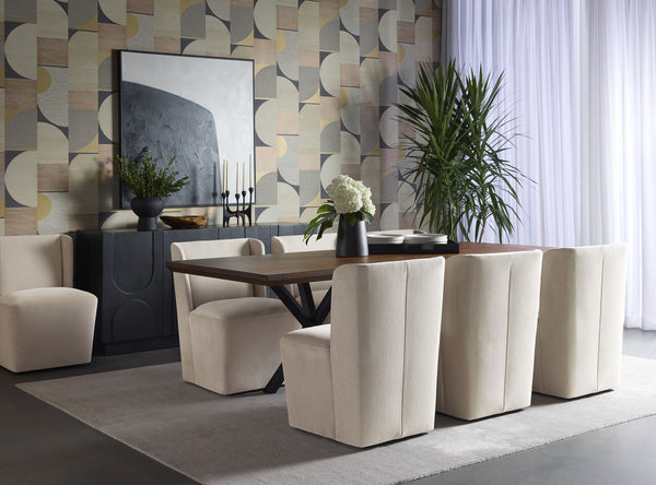 Sunpan Amita Upholstered Wheeled Dining Chair with Curved Frame and Spill Resistant Fabric 109898V
