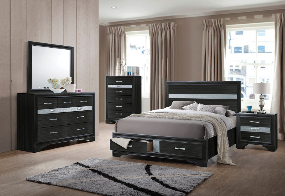 English Elm Black Queen Bed with Storage Drawers, 3D Texture Veneer & Sparkling Trim, No Box Spring Needed B062S00511