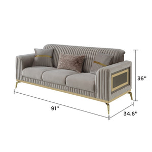 English Elm Antigua Glam 3 Piece Living Room Sofa Set with Plush Cushions and Gold Tone Accents Taupe+Gold B009S02173