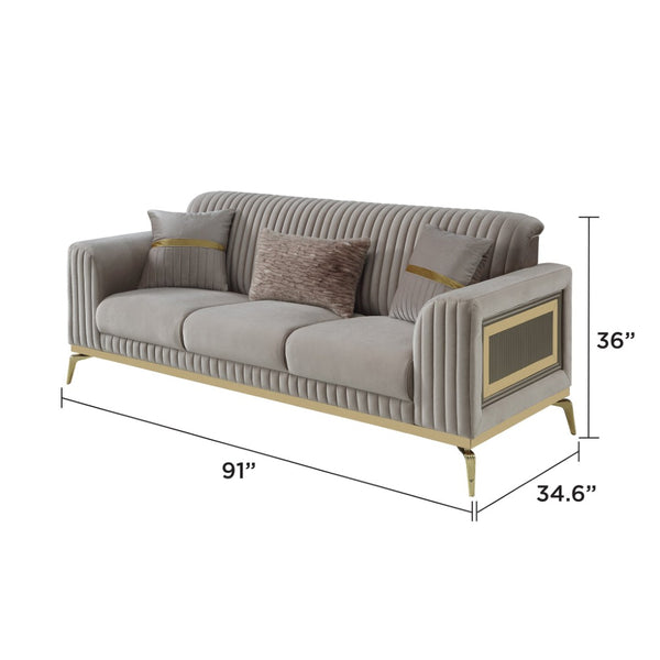 English Elm Antigua Glam 3 Piece Living Room Sofa Set with Plush Cushions and Gold Tone Accents Taupe+Gold B009S02173