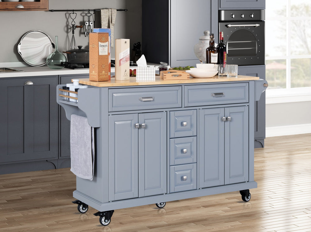 English Elm Kitchen Island durable rubberwood countertop kitchen cart on casters with towel rack, spice shelf, 5 drawers and adjustable shelving for organized meal prep and mobility Grey W914S00001