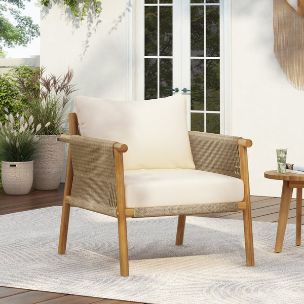 English Elm 28" Woven Outdoor Lounge Chair Solid Wood Frame Polyester Cushions Patio Garden N767P236617T