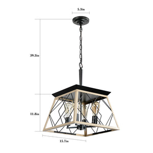 English Elm 16" Oak Industrial 4-Light Pendant Chandelier Rustic Metal Cage, Adjustable 0-40" Chain, E26 Bulb Ready W2312P368672
