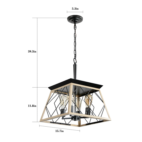 English Elm 16" Oak Industrial 4-Light Pendant Chandelier Rustic Metal Cage, Adjustable 0-40" Chain, E26 Bulb Ready W2312P368672