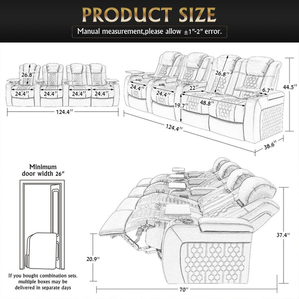 English Elm 124.4"power Recliner Sectional Nappa Leather Home Theater Rgb Led Four Seat Sofa W3819S00095