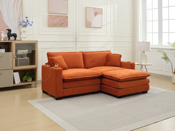 English Elm L Shape Sofa Couch With Usb Port & Cup Holder – Stylish Corduroy 2-Seater In Vibrant Orange & Footstool W2100S00136