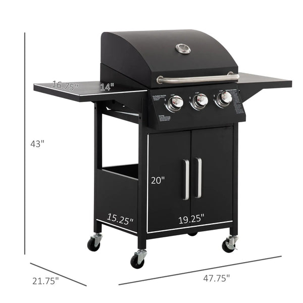 English Elm Portable Carbon Steel Gas Grill with Three Burners Warming Rack and Locking Wheels T3971P420870