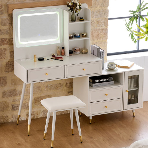English Elm Modern Makeup Vanity Desk with LED 3-Color Mirror, Built-In Power Station, Sliding Cabinet, Stool White N844P288432A