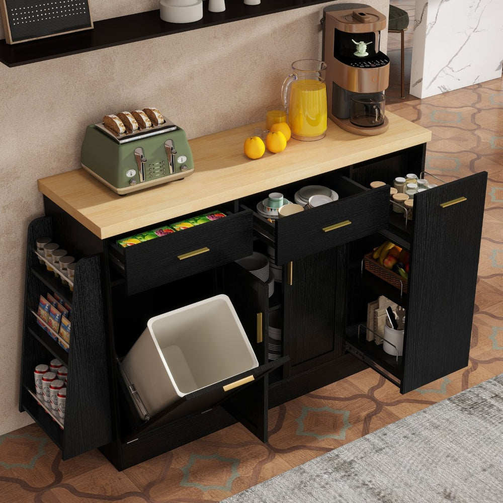 English Elm Trexm Farmhouse Kitchen Sideboard with Hidden Trash Cabinet and Built-in Spice Rack Black XW000027AAB