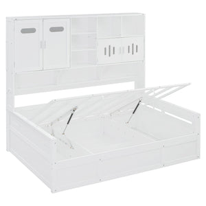 English Elm Full Size Wooden Daybed With Hydraulic Lift, Integrated Storage Cabinet & Stylish Shelving, White N820S00047K